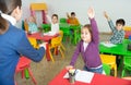 Children pull their hands to answer teacher question in the school class