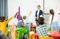 Children pull their hands to answer teacher question in the school class