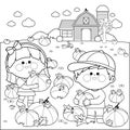 Children at the pumpkin field and farmhouse. Vector black and white coloring page