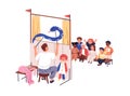 Children at puppet theater. Happy cute kids, toddlers watching marionette performance. Nursery theatre show with toys on