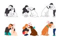 Children puppies friendship. Kids love dogs vector on white, kid look hug cuddle petting and kiss dog, people and pets