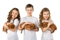 Children with puppys isolated on white background. Kid Pet Friendship Royalty Free Stock Photo