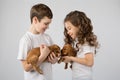 Children with puppys isolated on white background. Kid Pet Friendship Royalty Free Stock Photo