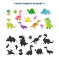 Children puzzle with dinosaur. Choose dino silhouette, t-rex or pterodactyl. Cartoon cute dinosaurs and black shapes
