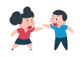 Children quarrel. Cartoon boy and girl arguing, shouting and waving hands, pointing accusingly. Aggressive emotion