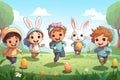 Children and rabbit running to pick up eggs on easter egg hunt. cartoon illustration. By generative Ai Royalty Free Stock Photo