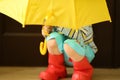 Children in rainboots colourful wear pretty cool and umbrellas