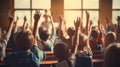 Children raising their hands in a classroom Royalty Free Stock Photo