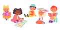 Children read books flat icons set. Cute kids sitting and looking at open book. Library and bookstore Royalty Free Stock Photo
