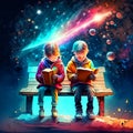 Children reading a book on a bench in the night starry sky Generative AI Royalty Free Stock Photo