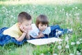 Children reading book in park lying on stomach outdoor among dandelion in park, cute children education and development Royalty Free Stock Photo