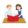 Children Reading a Book Together. European boy and Asian girl reading a red book. Royalty Free Stock Photo