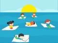 Children reading books in the blue sea on summer vacation