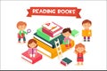 Children reading books, boys and girls enjoying literature education concept vector illustration Royalty Free Stock Photo
