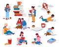 Children reading books. Cartoon kids with piles of textbooks. Little literature fans. Happy bookworms. Clever boys and Royalty Free Stock Photo