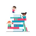 Children reading books in the library. Children sitting on multicolor books. Vector illustration. Isolated on white background Royalty Free Stock Photo