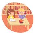 Children reading books in school library. Happy clever kids learning activity vector illustration. Girl and boy sitting Royalty Free Stock Photo