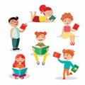 Children reading books set of vector illustrations in flat design. Happy girls and boys with books isolated on white Royalty Free Stock Photo