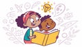 Children Reading with Creative Thought Bubbles, vector design Generative AI Royalty Free Stock Photo