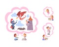 Children Reading Fairy Tale and Fantasy Book about Knight Fighting Dragon and Ballet Dancing Vector Set