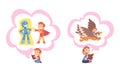 Children Reading Fairy Tale and Fantasy Book about Robot and Flying Griffin Imagining Vector Set