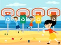 Children recycle clean beach playing at basket Royalty Free Stock Photo