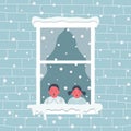 Children rejoice at the first snow. Little boy and girl are in the room is surprised, looking at the snow Royalty Free Stock Photo