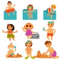 Children relaxing in pool and sand colorful poster Royalty Free Stock Photo