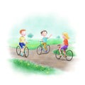 Children ride a bike in the park.