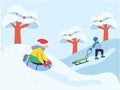 Children ride a tube and sled. Children slide on the snow in winter. Active winter holidays. Characters in warm clothes