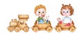 Children ride in a wooden train watercolor Royalty Free Stock Photo