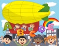 Children ride a zeppelin and letter balloon cartoon