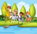 Children riding animal in nature