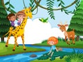 Children riding animal in nature scene