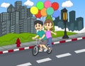 Children riding a bicycle on the street cartoon Royalty Free Stock Photo