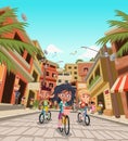 Children riding bicycles on the street of poor neighborhood. Royalty Free Stock Photo