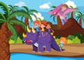 Children riding dinosaur scene