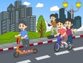 Children riding a kick scooter, skateboard and bicycle on the street cartoon Royalty Free Stock Photo