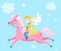 Children riding pony card -