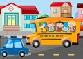 Children riding school bus on the road Royalty Free Stock Photo
