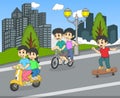 Children riding a scooter, bicycle and skateboard on the street cartoon Royalty Free Stock Photo