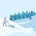 Children riding on a sleigh, vector flat illustration. Happy children sledding. Snowy landscape, winter forest. Royalty Free Stock Photo