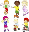 Children riding unicycle, bicycle and scooter, rollerblading and