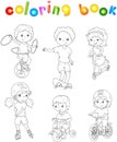 Children riding unicycle, bicycle and scooter, rollerblading and Royalty Free Stock Photo