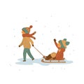 Children riding winter sled isolated vector illustration Royalty Free Stock Photo