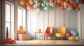 The children room is decorated for the celebration of the birthday, colorful balloons, ribbons. AI generated