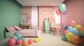 The children room is decorated for the celebration of the birthday, colorful balloons, ribbons. AI generated