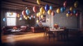 The children room is decorated for the celebration of the birthday, colorful balloons, ribbons. AI generated