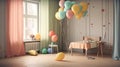 The children room is decorated for the celebration of the birthday, colorful balloons, ribbons. AI generated