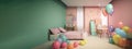 The children room is decorated for the celebration of the birthday, colorful balloons, ribbons. AI generated